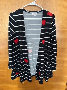 Lularoe Striped Open Cardigan with Red Heart Accents